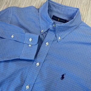 Ralph Lauren Button Down Shirt Men Blue Gingham Plaid Check Classic Fit Pony